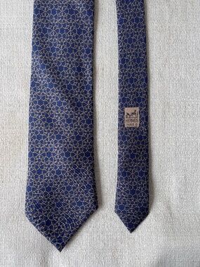 Hermes Navy Blue & Gold Geometric Silk Tie